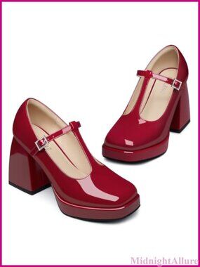 Women Faux Leather Mary Jane Chunky Platform Heels Closed Toe T-Strap Party